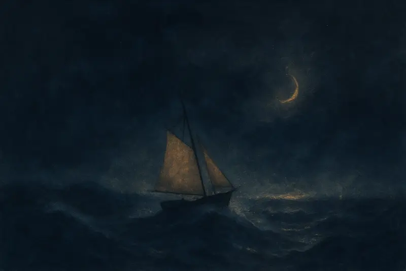 Una tormenta en el mar — pintura de un pequeño velero escorado entre olas oscuras bajo un cielo de tormenta
