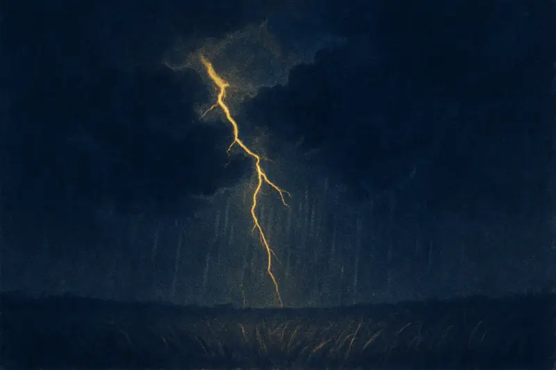Lightning — painting of a fork of lightning splitting towering night clouds above a dark plain
