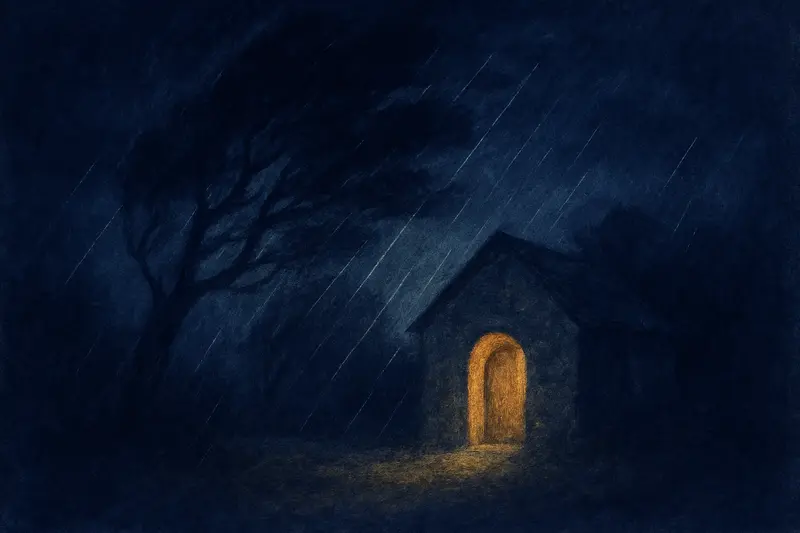 Se abrigar da tempestade — pintura de uma pequena cabana de pedra com a porta iluminada enquanto a tempestade verga as árvores