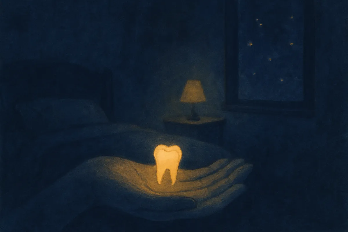 A painted dream scene of a single glowing tooth resting in an open palm at night
