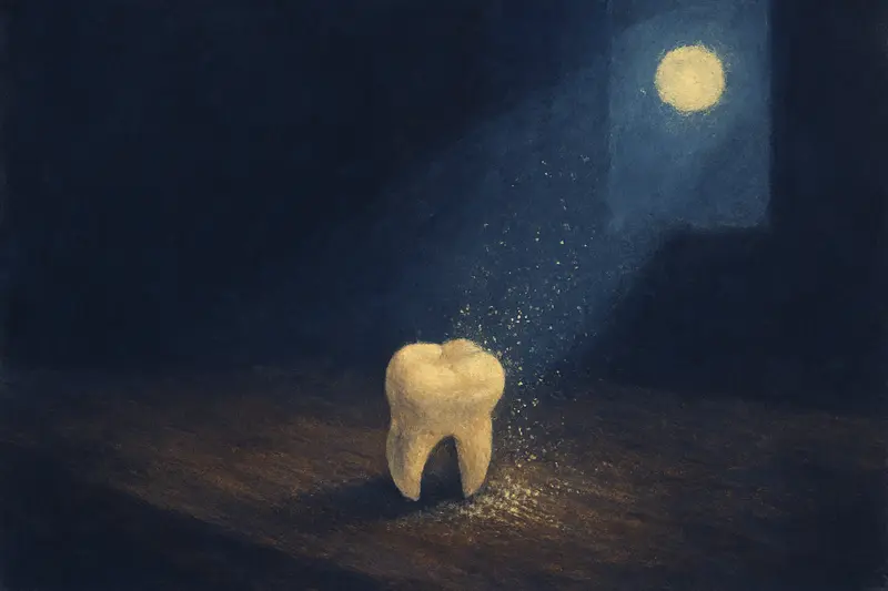 Un dente rotto — dipinto di un dente pallido che si sgretola in polvere luccicante in un raggio di luna