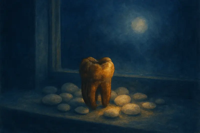 Denti cariati — dipinto di un dente scurito come ambra vecchia tra ciottoli bianchi su un davanzale al chiaro di luna
