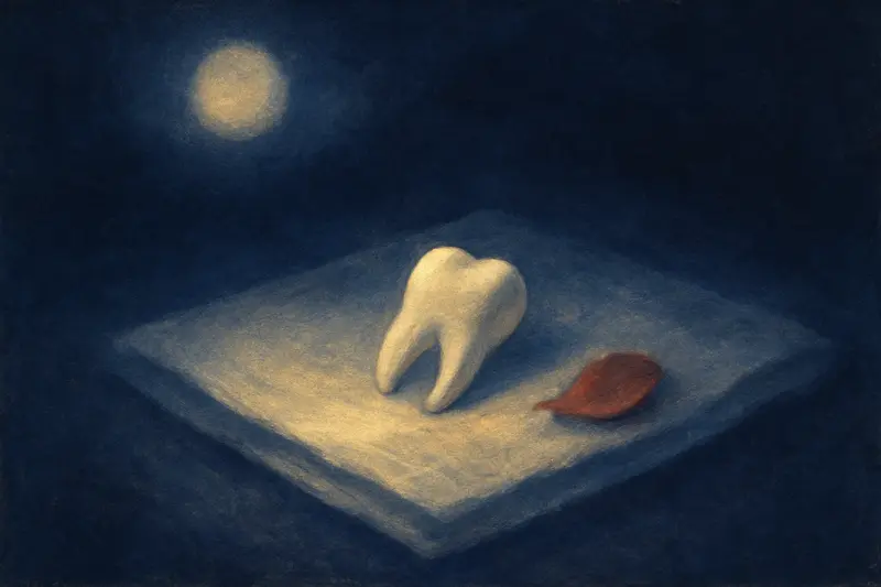 Dente caindo com sangue — pintura de um dente branco sobre um lenço de linho ao lado de uma pétala de rosa vermelha