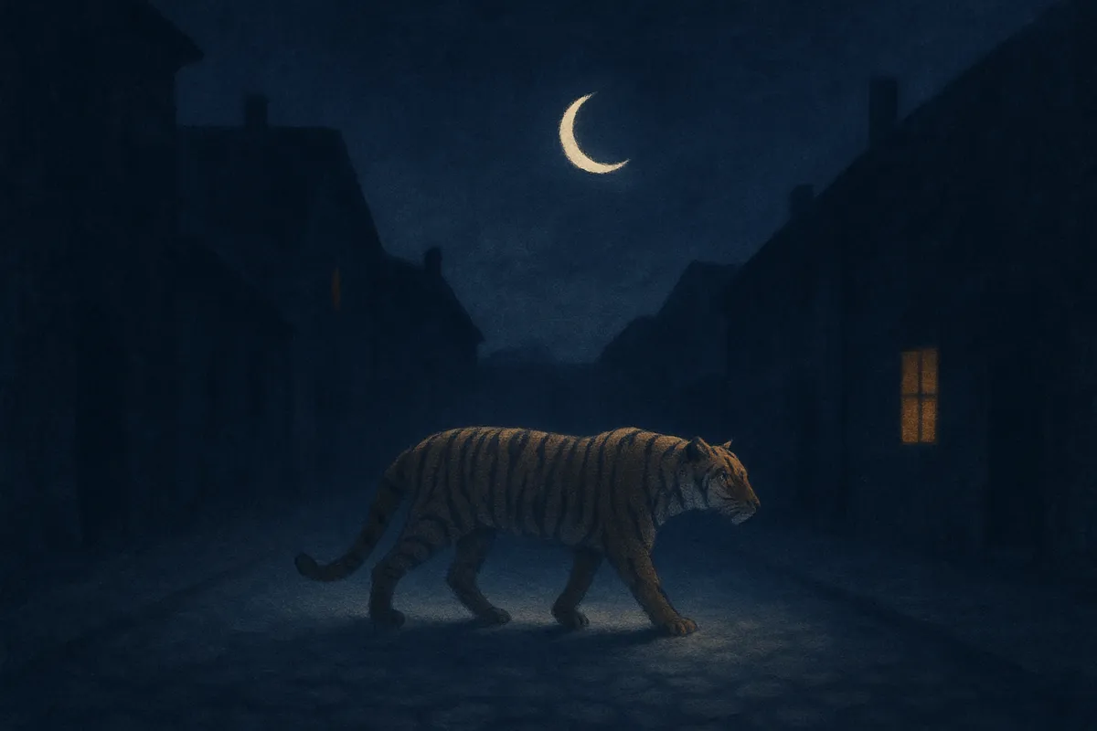 A painted dream scene of a tiger walking down an empty moonlit street at night