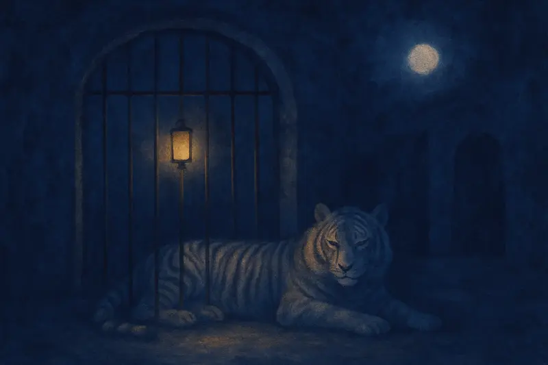 Una tigre in gabbia — dipinto di una tigre sdraiata tranquilla dietro sbarre di ferro in un cortile al chiaro di luna