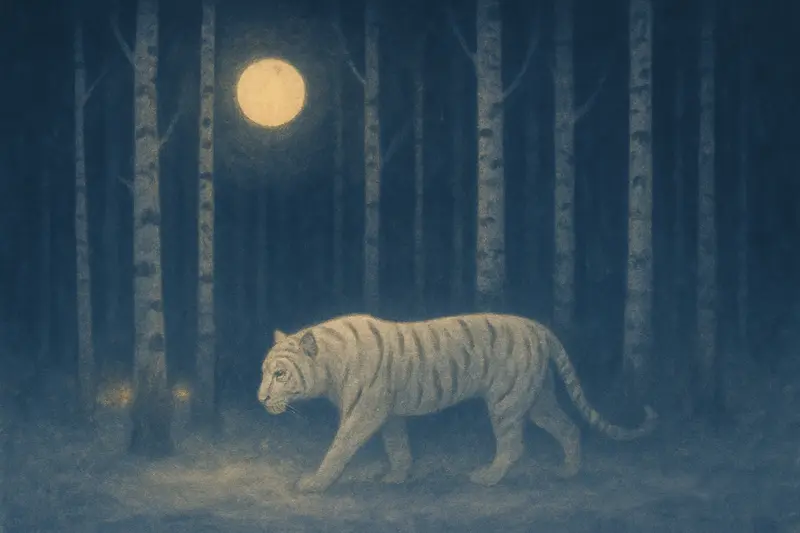 Un tigre blanco — pintura de un tigre blanco caminando por un bosque de abedules nevado a la luz de la luna