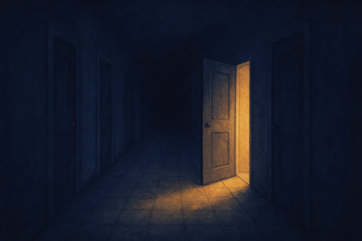 A painted dream scene of a long dim corridor of identical doors at night, one door ajar spilling warm light