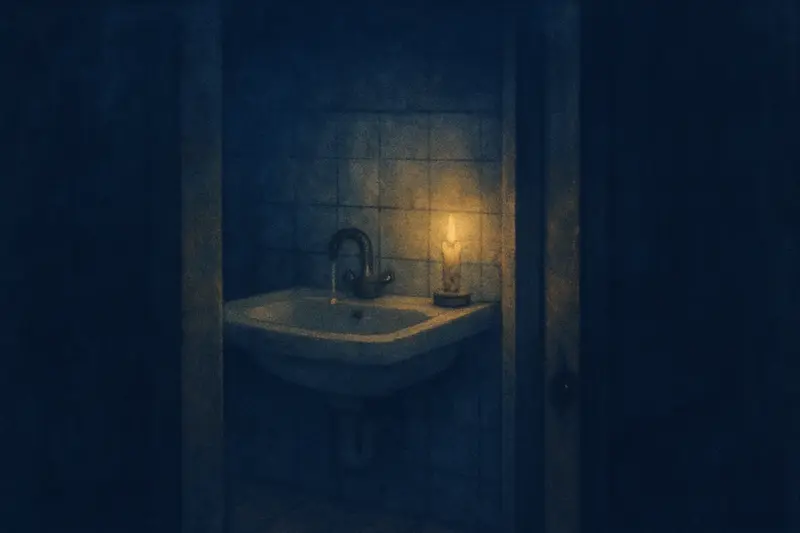 Un bagno sporco — dipinto di un vecchio bagno di porcellana macchiato, visto di notte da una porta socchiusa