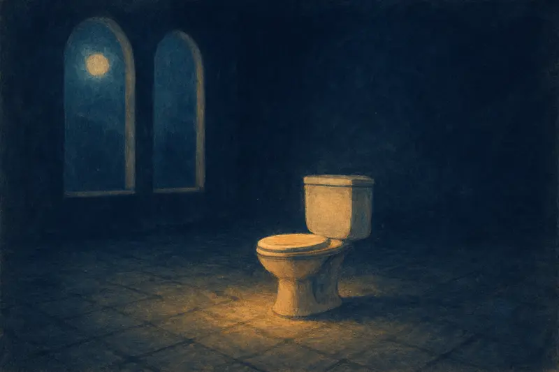 Eine Toilette ohne Tür — Gemälde einer einzelnen Toilette mitten in einer weiten, leeren, mondhellen Halle