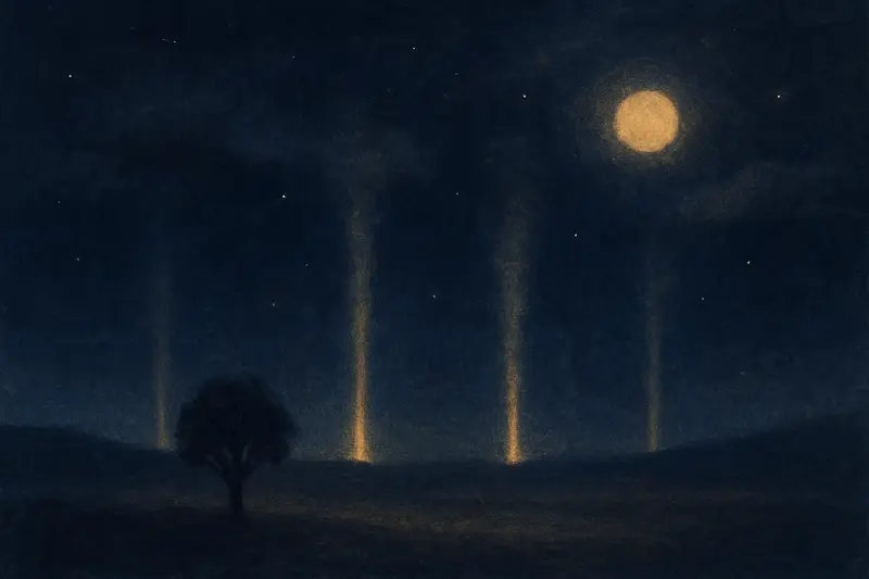 Tanti tornado — dipinto di tre pallide trombe d’aria distanti tra loro su un’ampia pianura al chiaro di luna