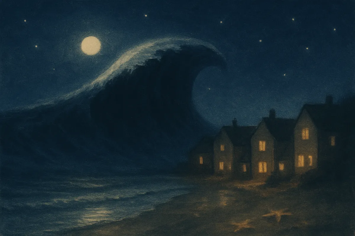 A painted dream scene of an immense glassy wave paused above a small moonlit coastal town, the seabed laid bare below