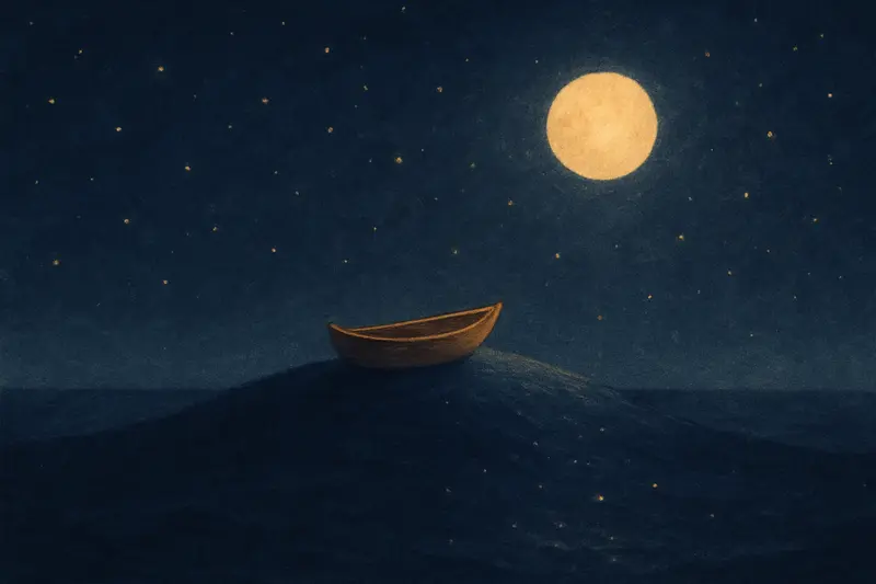 Swept away by the wave — painting of a small empty boat lifted on an enormous smooth swell under a full moon