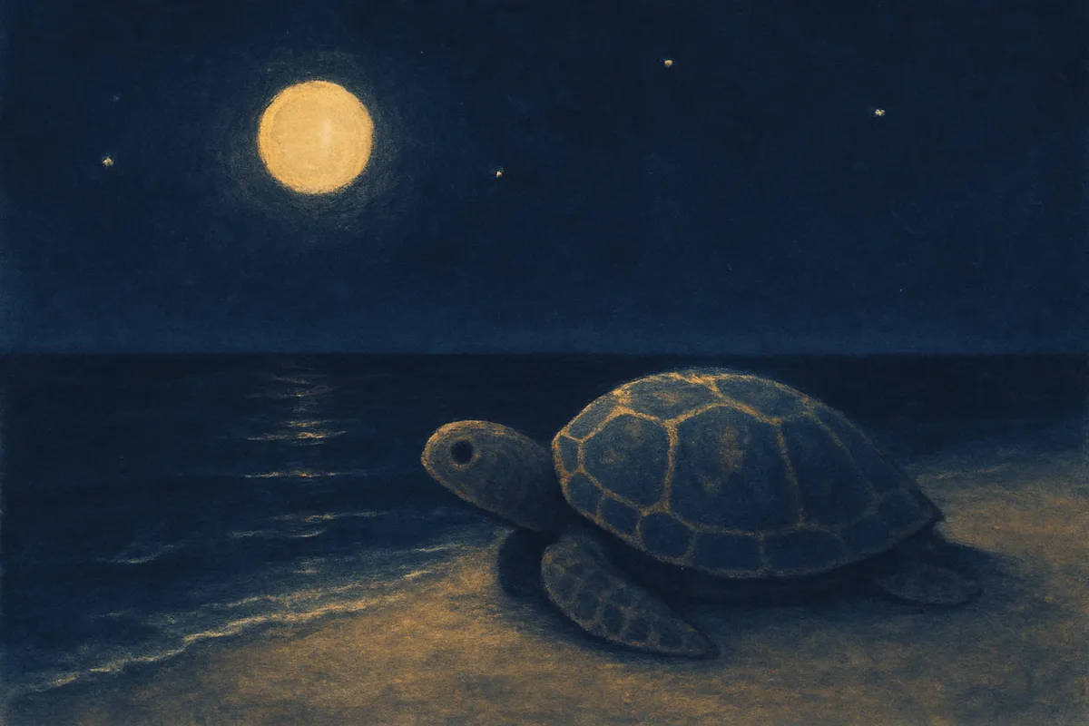 月明かりの浜辺で、静かな水際に一匹の亀が休んでいる夢の情景を描いた絵
