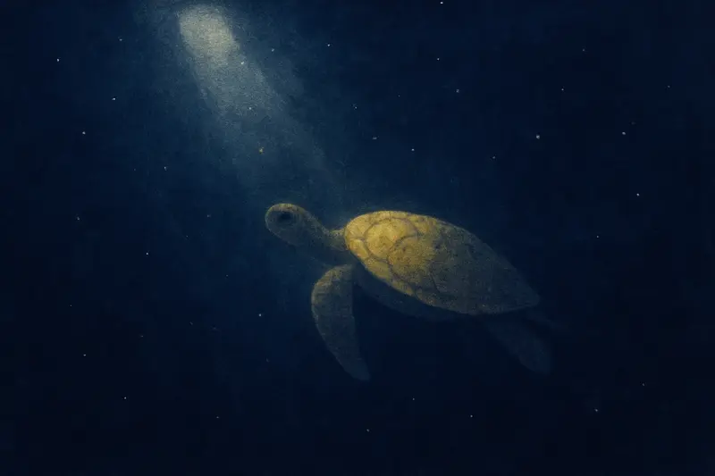水の中の亀の夢：月明かりの青い海をすべるように泳ぐウミガメの絵