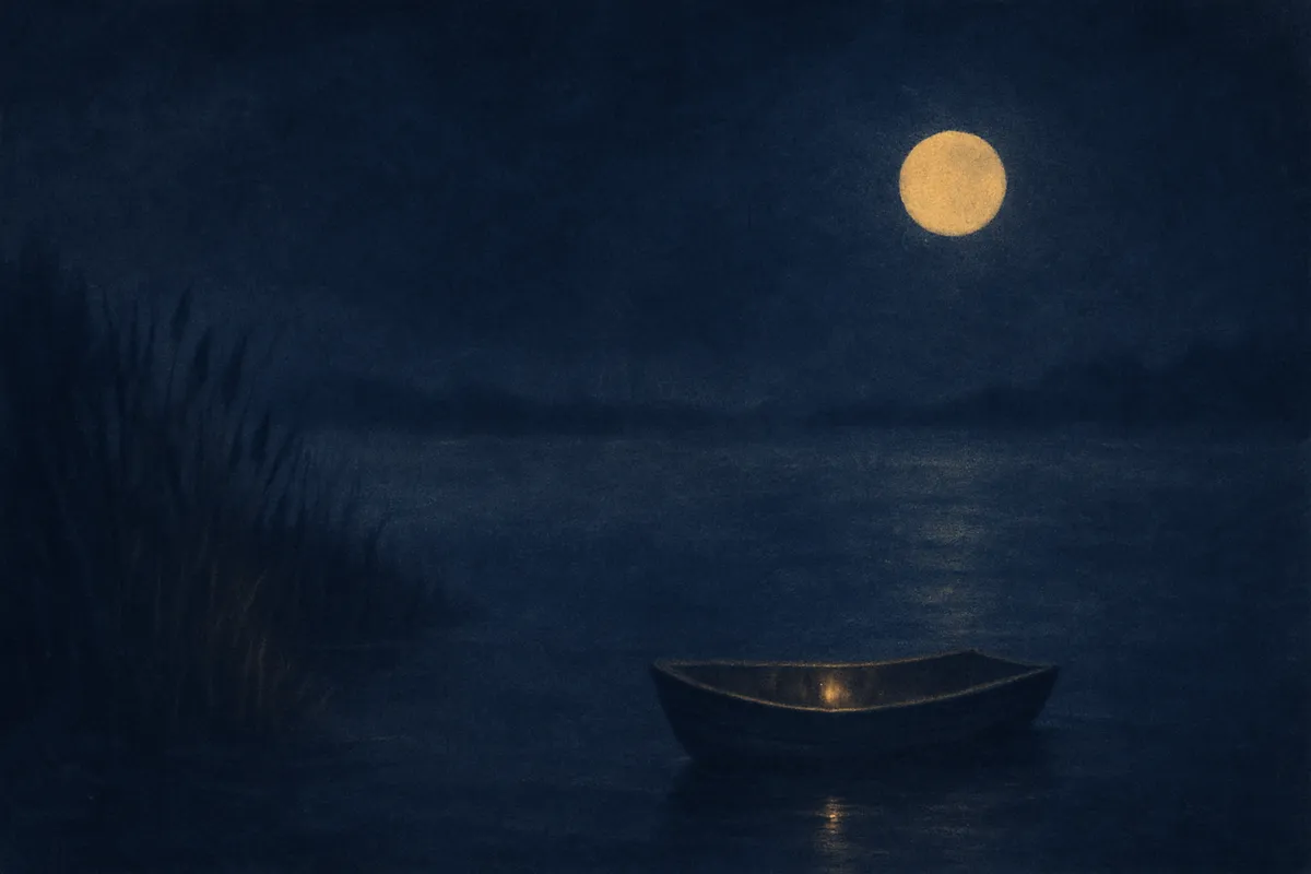 A painted dream scene of an empty rowboat on a still black river under a low moon