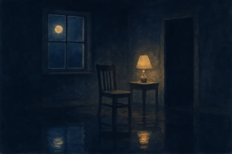 Água dentro de casa — pintura de água parada cobrindo o chão de uma casa antiga, com um abajur refletido