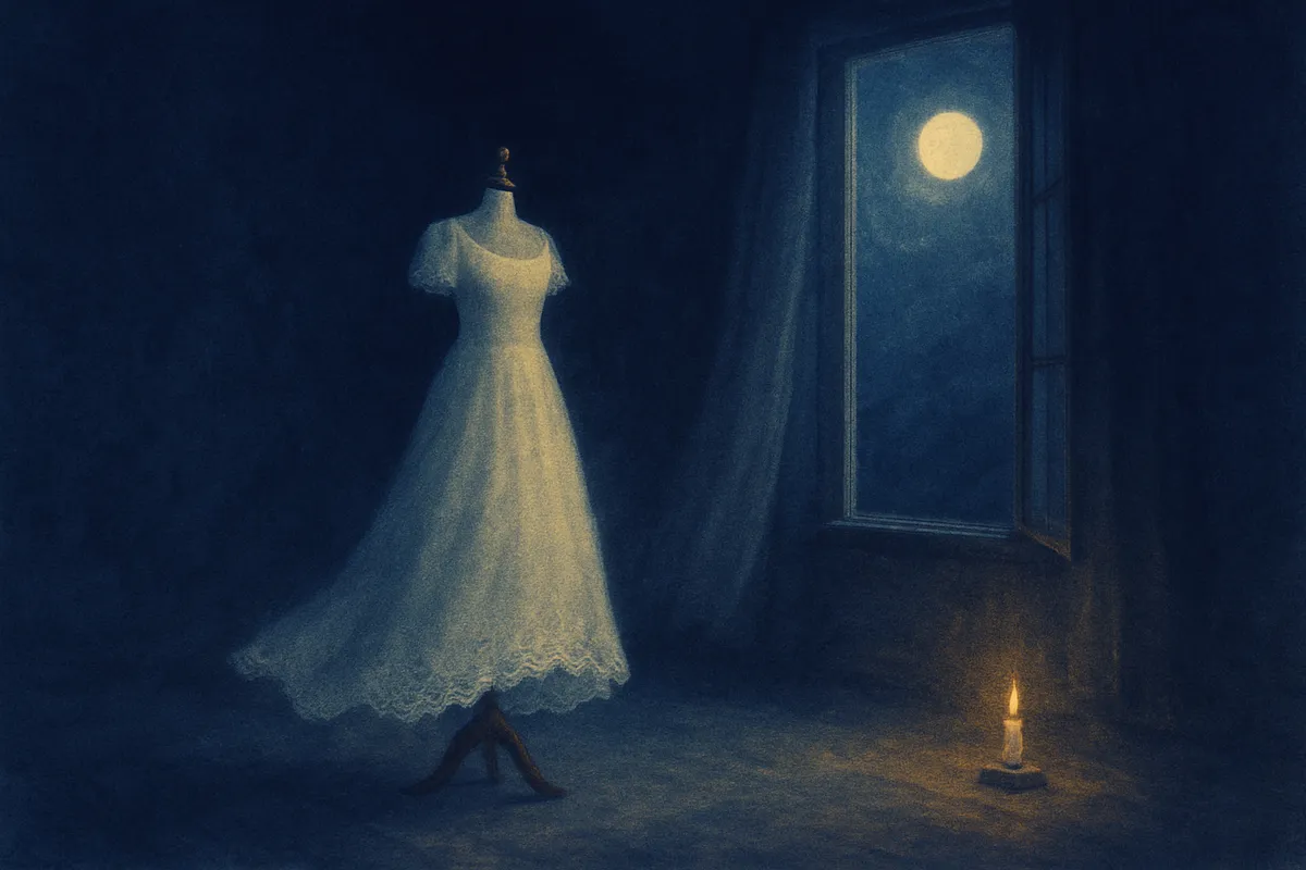 A painted dream scene of a white wedding dress on a wooden stand alone in a moonlit room