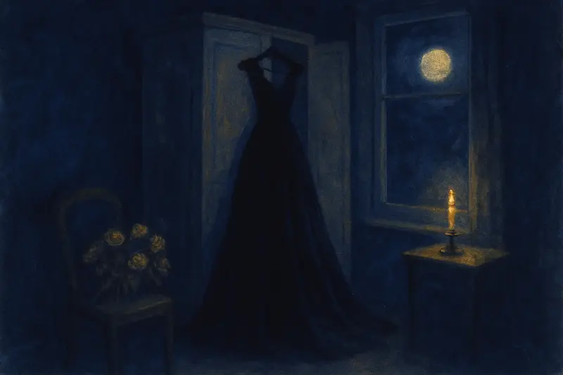 Un vestido de novia negro — pintura de un vestido de seda negra colgado de la puerta de un armario en un dormitorio a la luz de la luna
