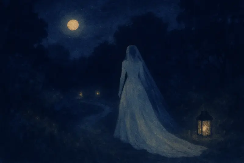 Indossare un abito da sposa — dipinto di una figura in un lungo abito bianco, vista di spalle su un sentiero del giardino al chiaro di luna