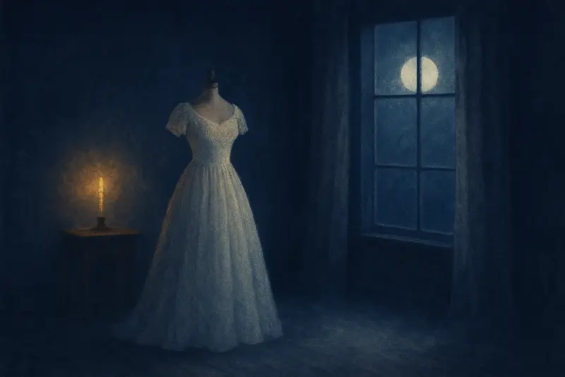 Vestido de noiva branco — pintura de um vestido de renda branco num manequim junto a uma janela alta ao luar