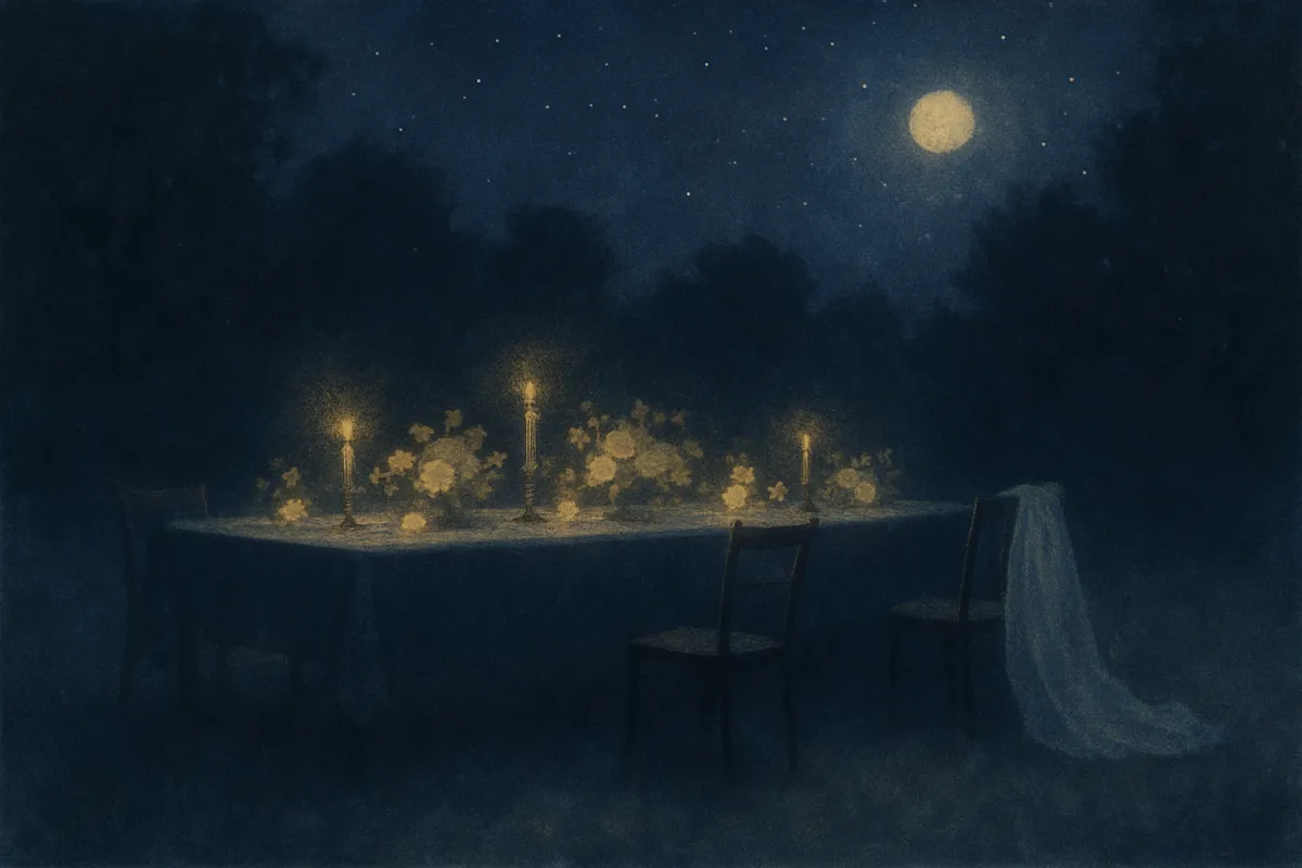 A painted dream scene of a long empty wedding table set with candles under a starry night sky, a lace veil left draped over one chair