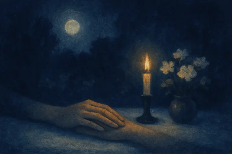 Il proprio matrimonio — dipinto di due mani unite accanto a una candela e a un piccolo mazzo chiaro di notte