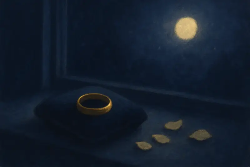 Aliança de casamento — pintura de uma aliança de ouro sobre uma almofada de veludo no parapeito ao luar