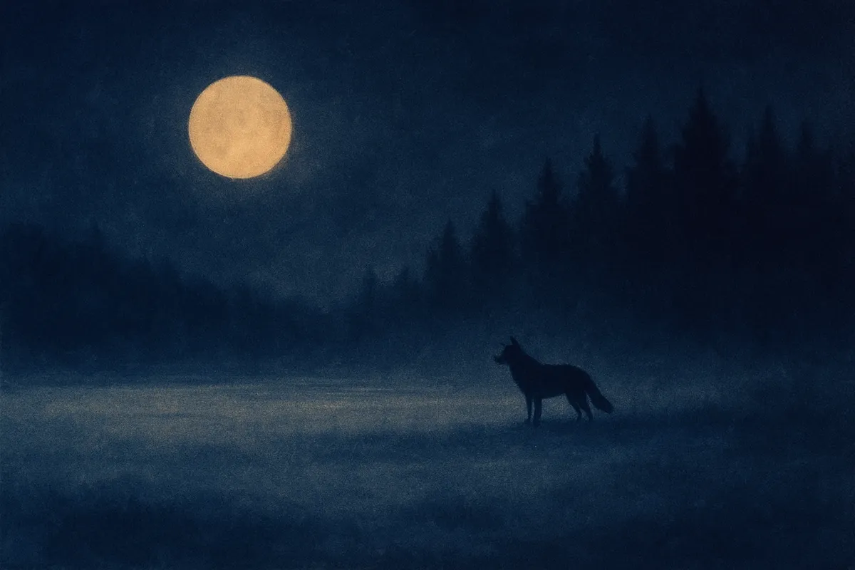 A painted dream scene of a distant wolf silhouette at a moonlit treeline across a snowy field