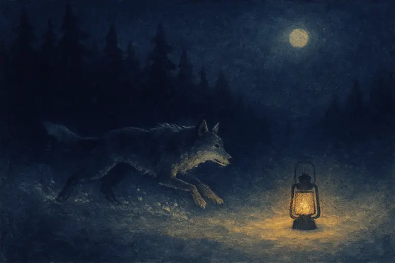 Lobo atacando — pintura de um lobo saltando de um pinheiral escuro em direção a uma lanterna numa trilha nevada