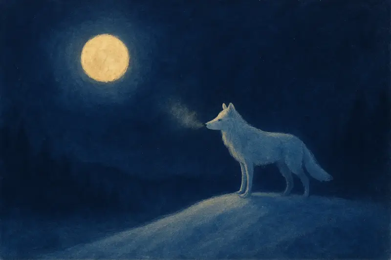 Lobo branco — pintura de um lobo branco sobre uma colina nevada sob a lua cheia