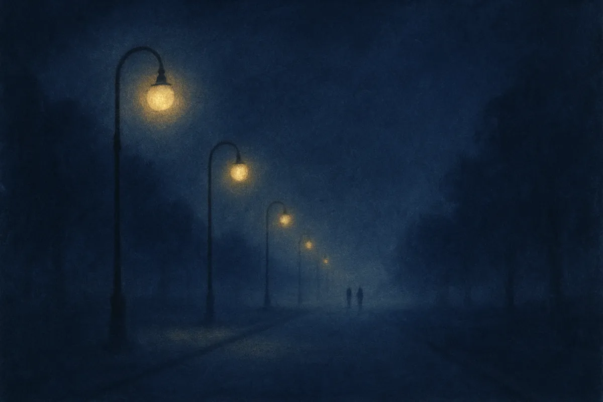 A painted nocturnal scene of distant slow figures in mist beneath a row of streetlamps on an empty road