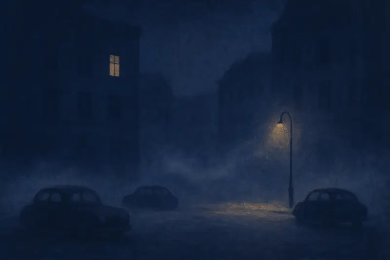 Un’apocalisse zombie — dipinto di una piazza deserta di notte, finestre buie e una sola accesa, nebbia nelle strade