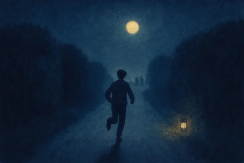 Ser perseguido por zombies — pintura de una figura sola corriendo por un camino a la luz de la luna, siluetas lentas lejos en la niebla